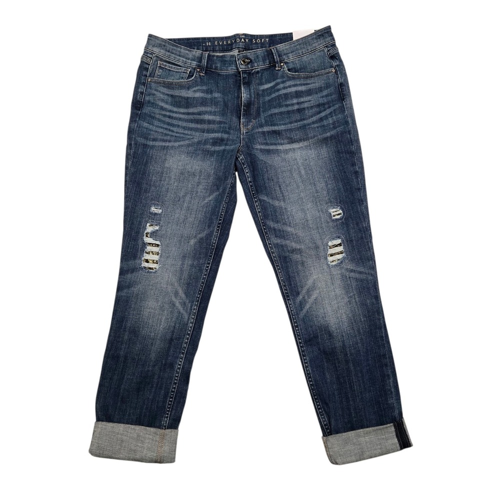 NWT WHBM THE SLIM Everyday Soft Distressed Mid Rise Roll Cuffed Jeans Women 14 R